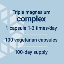 Supplement label panel: triple magnesium complex, 100 vegetarian capsules, 100-day supply