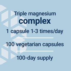 Triple magnesium complex label showing 100 vegetarian capsules 100 day supply magnesium caps 500 mg supplements