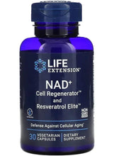 NAD+ dietary supplement bottle, blue with LIFE EXTENSION label, 30 vegetarian capsules
