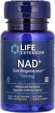 Close-up NAD+ supplement bottle label, Life Extension, 100 mg and 30 capsules