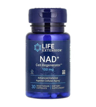 Dark blue NAD+ supplement bottle with Life Extension label, 30 vegetarian capsules