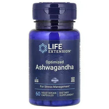 Life Extension Optimized Ashwagandha supplement bottle, blue cap and front label