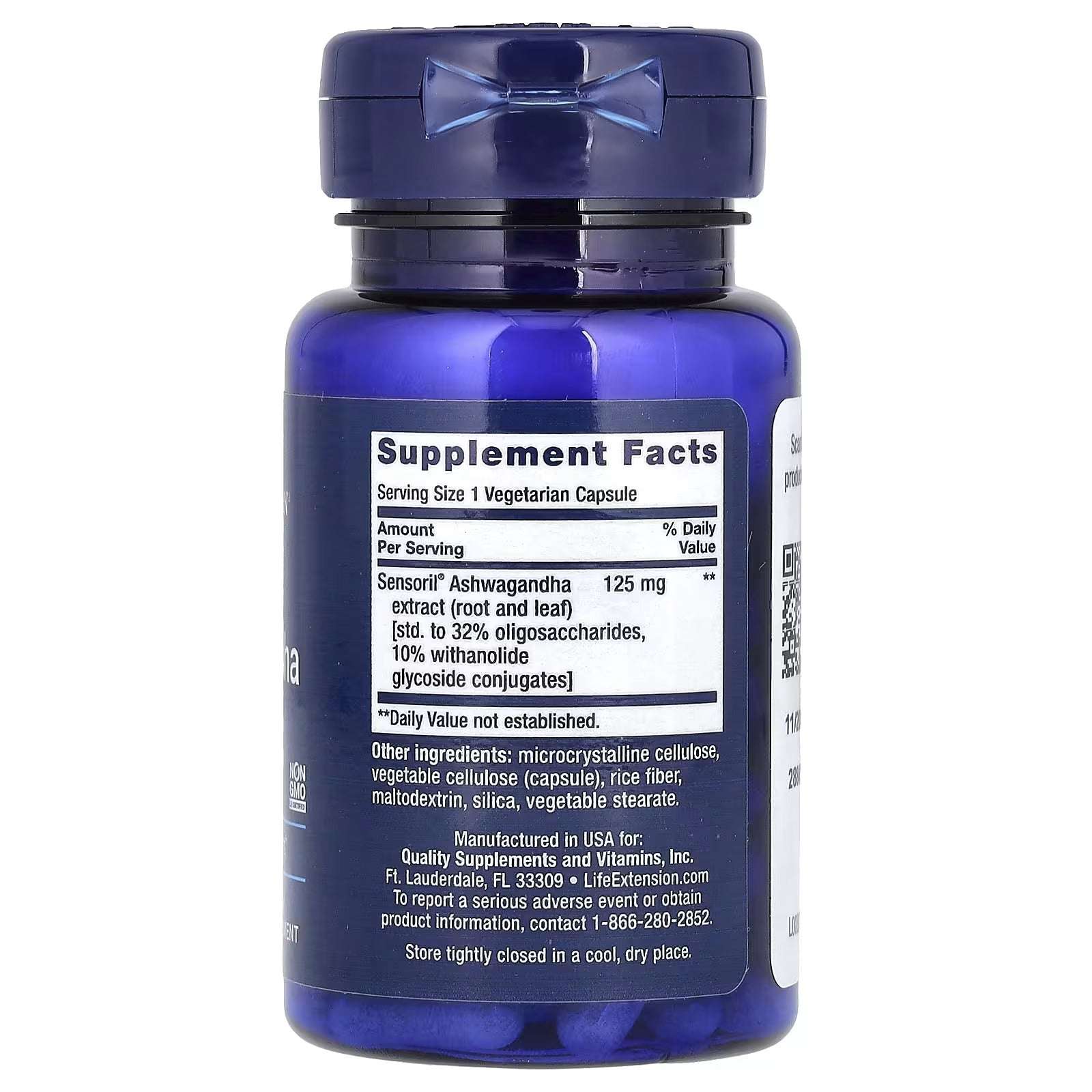 Life Extension Optimized Ashwagandha capsules UAE in a blue bottle with supplement facts label