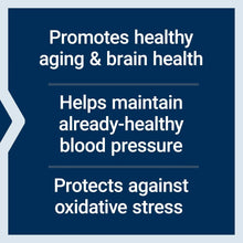 Supplement benefits panel: healthy aging and brain health, blood pressure, oxidative stress