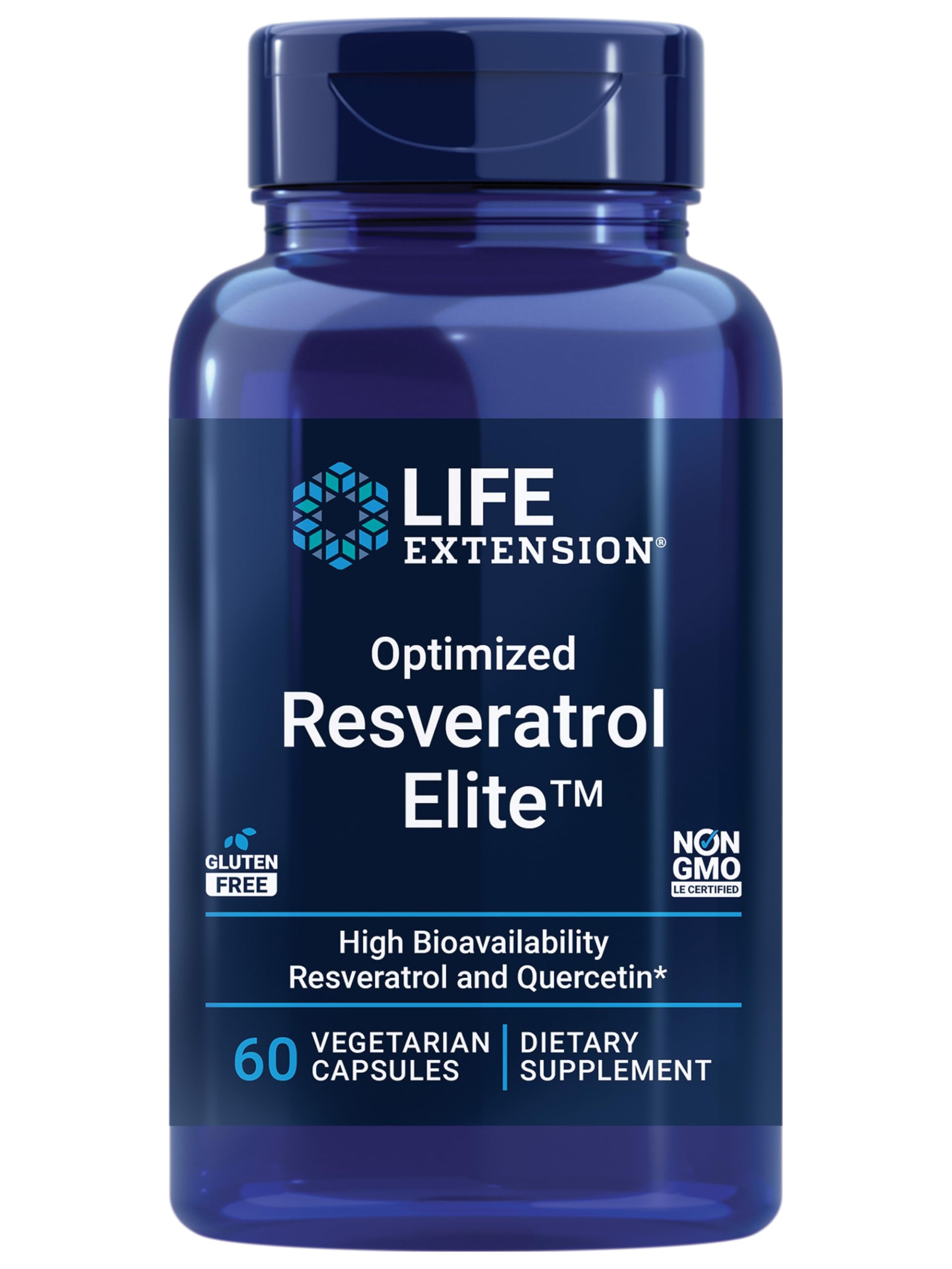 Life Extension Optimized Resveratrol Elite supplement in a blue bottle with 60 vegetarian capsules
