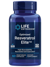 Life Extension Optimized Resveratrol Elite dietary supplement bottle, blue label, 60 vegetarian capsules