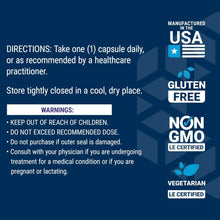 Supplement facts directions and warnings panel with gluten-free and non-GMO icons