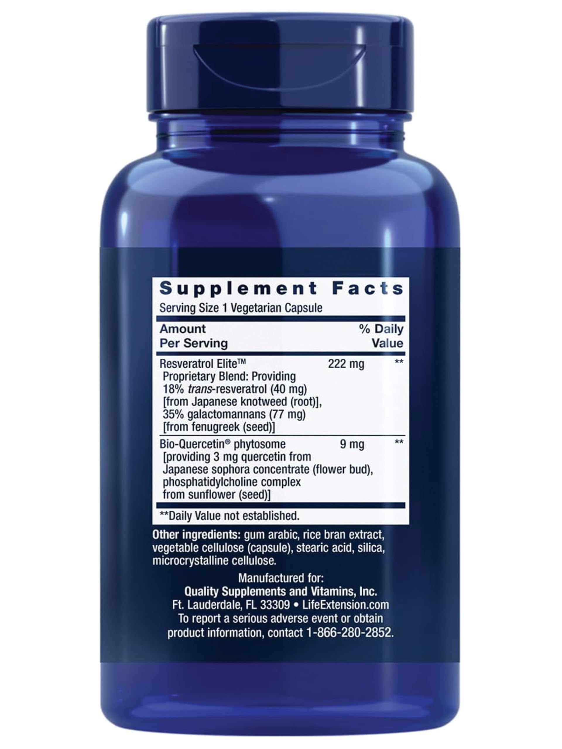 Life Extension Optimized Resveratrol Elite supplement in a blue bottle with Supplement Facts label