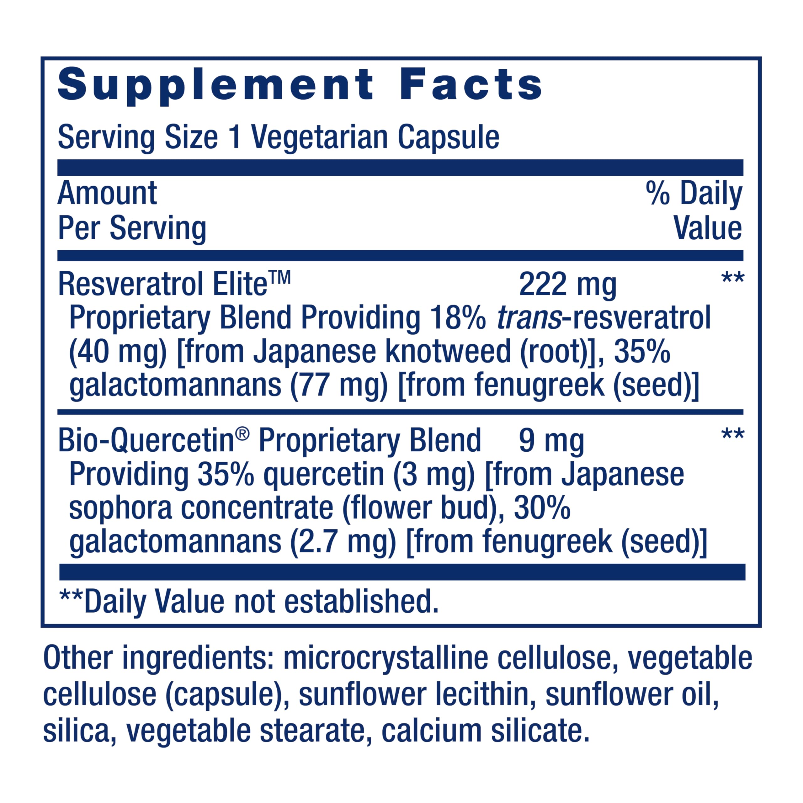Supplement Facts for Life Extension Optimized Resveratrol Elite supplement in a vegetarian capsule