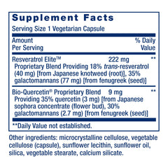 Supplement Facts for Life Extension Optimized Resveratrol Elite supplement in a vegetarian capsule
