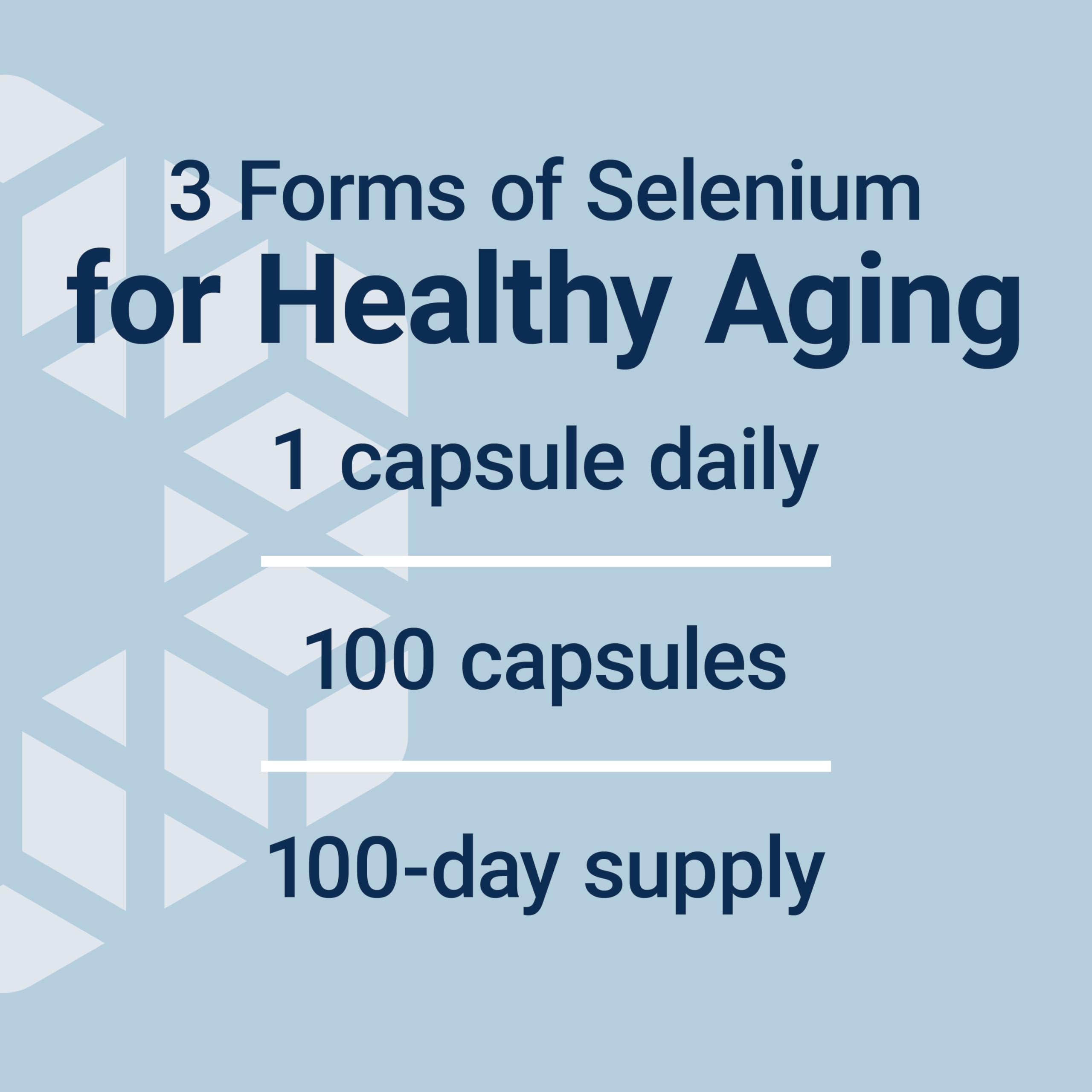 Life Extension super selenium complex 200 mcg label showing 3 forms of selenium for healthy aging 1 capsule daily 100 day supply