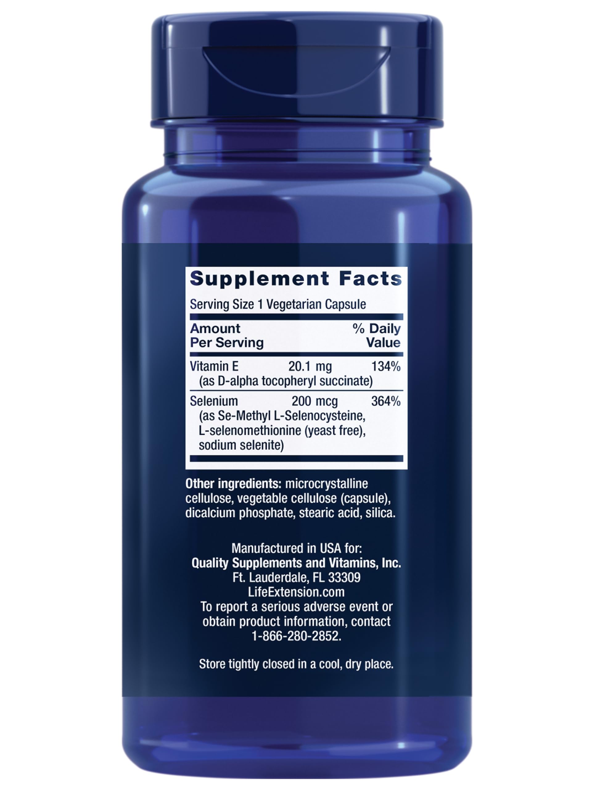 Life Extension blue supplement bottle showing Supplement Facts label listing selenium 200 mcg super selenium complex 200 mcg