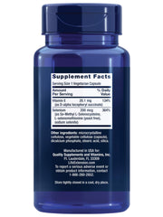 Life Extension blue supplement bottle showing Supplement Facts label listing selenium 200 mcg super selenium complex 200 mcg