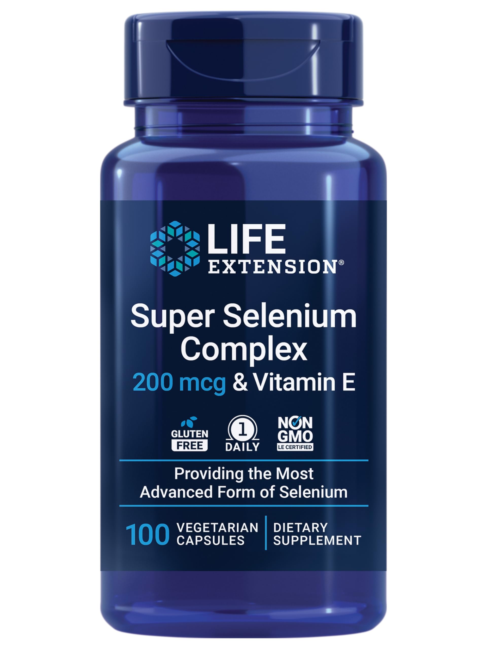 Life Extension bottle labeled super selenium complex 200 mcg dietary supplement 100 vegetarian capsules with vitamin E