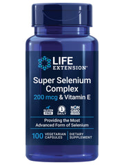 Life Extension bottle labeled super selenium complex 200 mcg dietary supplement 100 vegetarian capsules with vitamin E