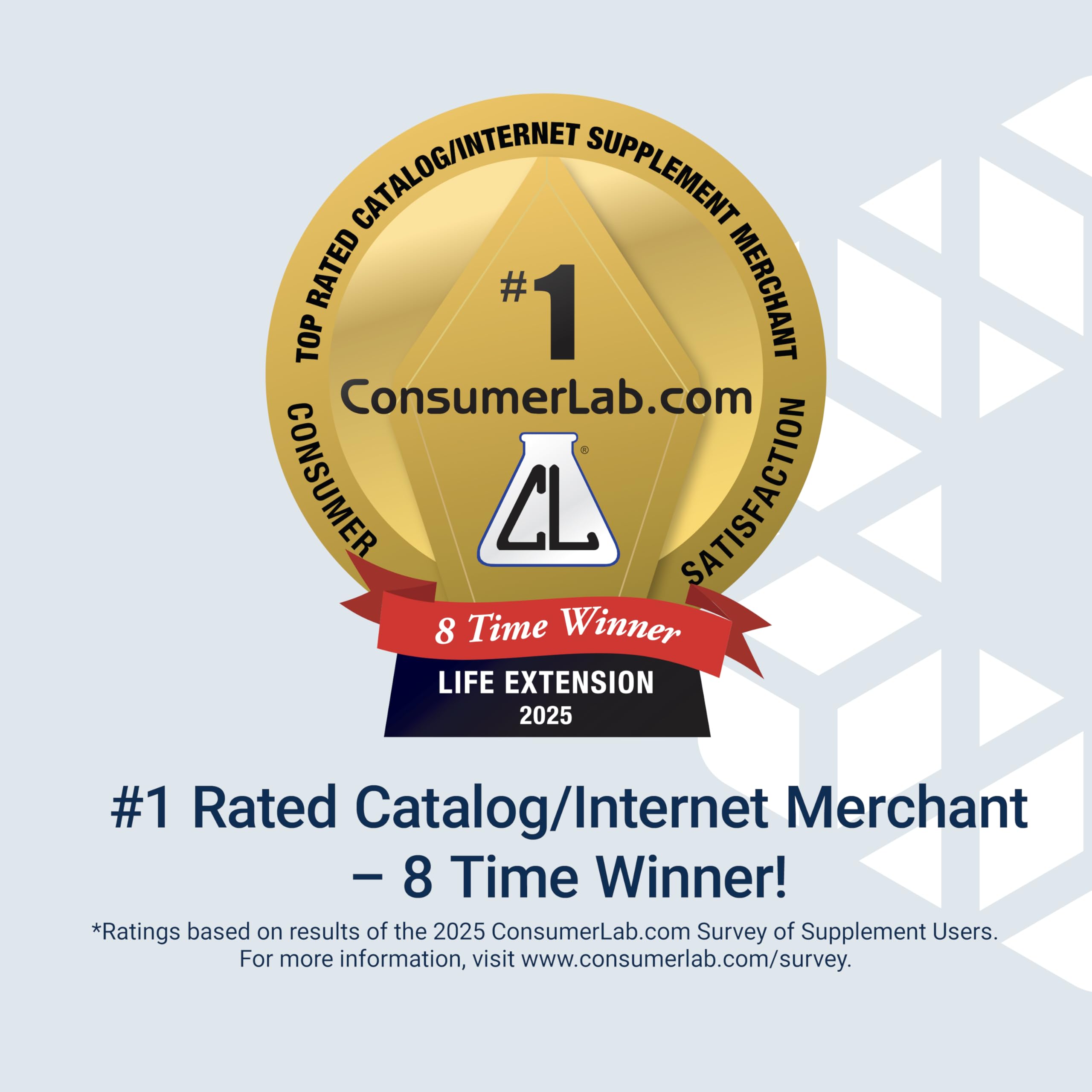 Life Extension gold ConsumerLab award badge with red ribbon eight time winner 2025 honoring super selenium complex 200 mcg