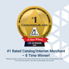 Life Extension gold ConsumerLab award badge with red ribbon eight time winner 2025 honoring super selenium complex 200 mcg