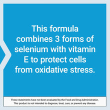Benefit panel: combines 3 selenium forms with vitamin E to protect cells from oxidative stress