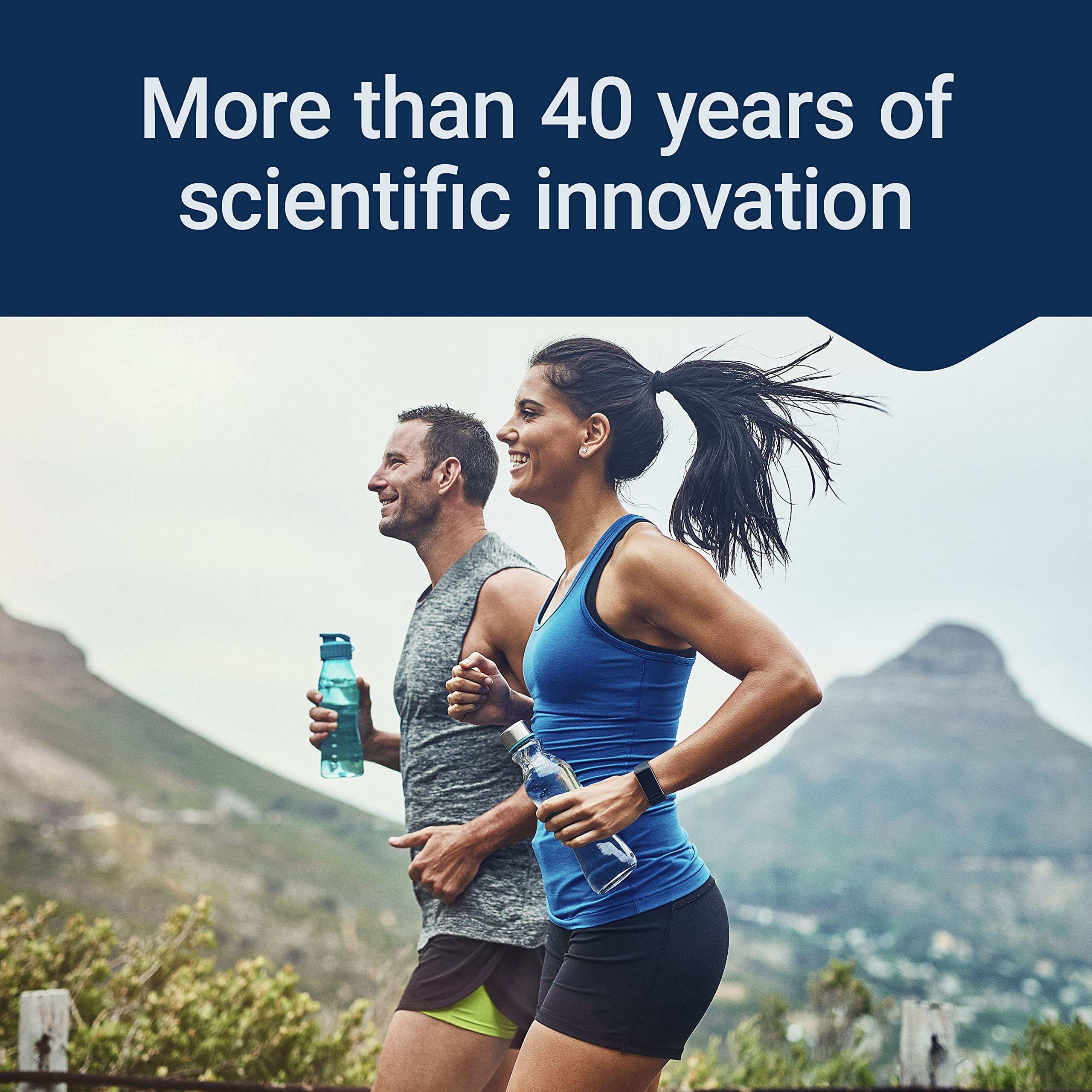 Life Extension runners jogging outdoors with water bottles by mountains promoting super selenium complex 200 mcg antioxidant