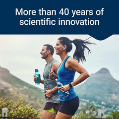 Life Extension runners jogging outdoors with water bottles by mountains promoting super selenium complex 200 mcg antioxidant