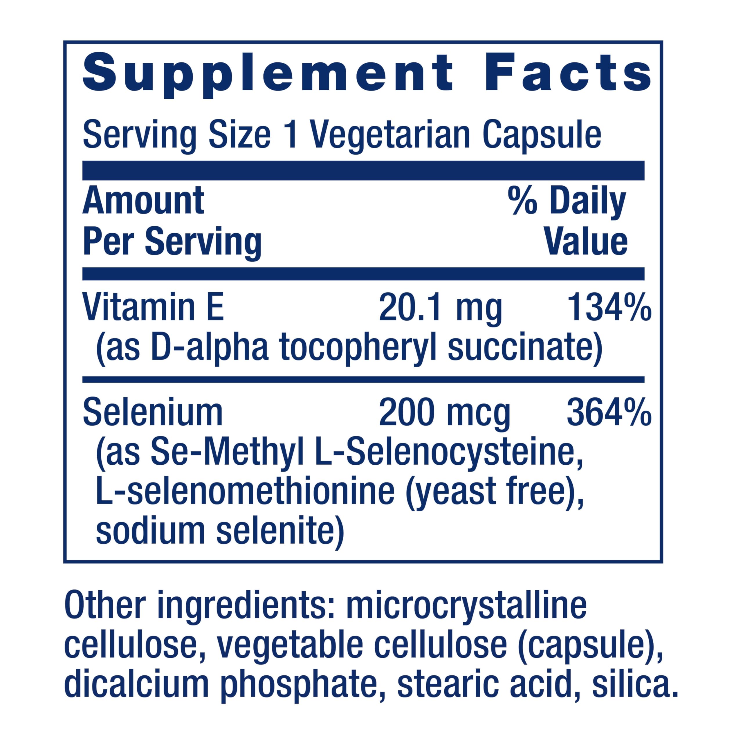 Life Extension supplement facts label showing super selenium complex 200 mcg and 20.1 mg vitamin E per vegetarian capsule