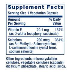 Life Extension supplement facts label showing super selenium complex 200 mcg and 20.1 mg vitamin E per vegetarian capsule