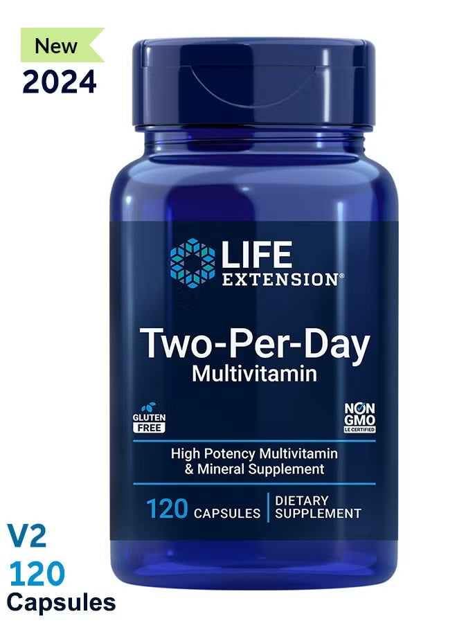Life Extension Two-Per-Day multivitamin capsules in a blue bottle containing 120 dietary supplement capsules
