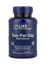 Life Extension Two-Per-Day multivitamin capsules in a blue bottle, 120 capsules for daily nutritional support