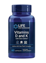 Life Extension vitamin D and K dietary supplement bottle with 60 capsules