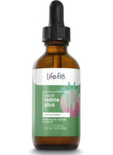 Liquid iodine plus supplement bottle with dropper, unflavored green label