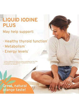 Liquid iodine plus supplement box with orange and green label