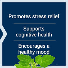 Promotional card with ashwagandha benefits text and green leaves