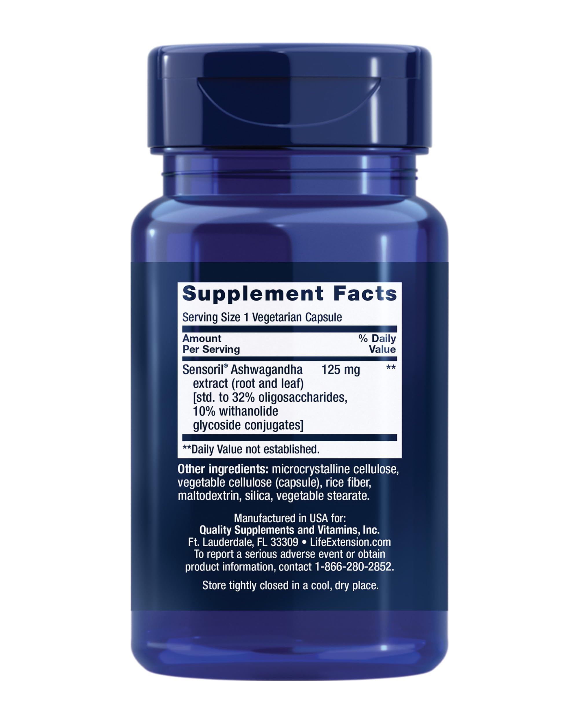Life Extension Ashwagandha 60 count. Blue supplement bottle showing Supplement Facts label and ingredient details