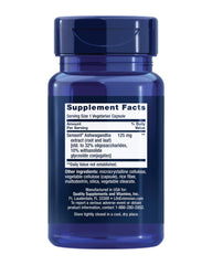 Life Extension Ashwagandha 60 count. Blue supplement bottle showing Supplement Facts label and ingredient details