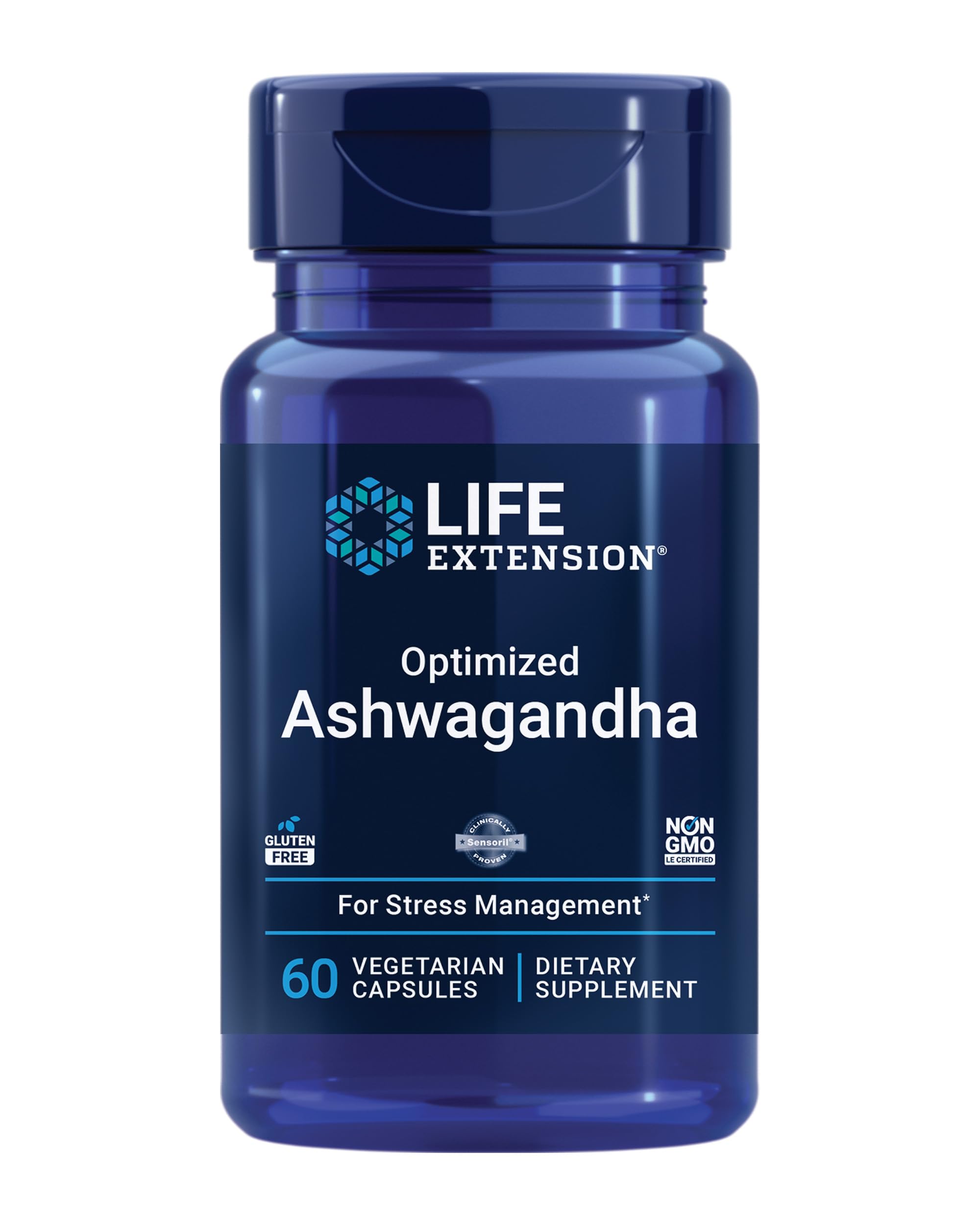 Life Extension Ashwagandha 60 count. Blue bottle of Ashwagandha 60 vegetarian capsules for stress management