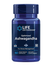Blue supplement bottle labeled Optimized Ashwagandha, 60 vegetarian capsules, non-GMO