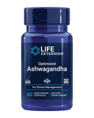 Life Extension Ashwagandha 60 count. Blue bottle of Ashwagandha 60 vegetarian capsules for stress management