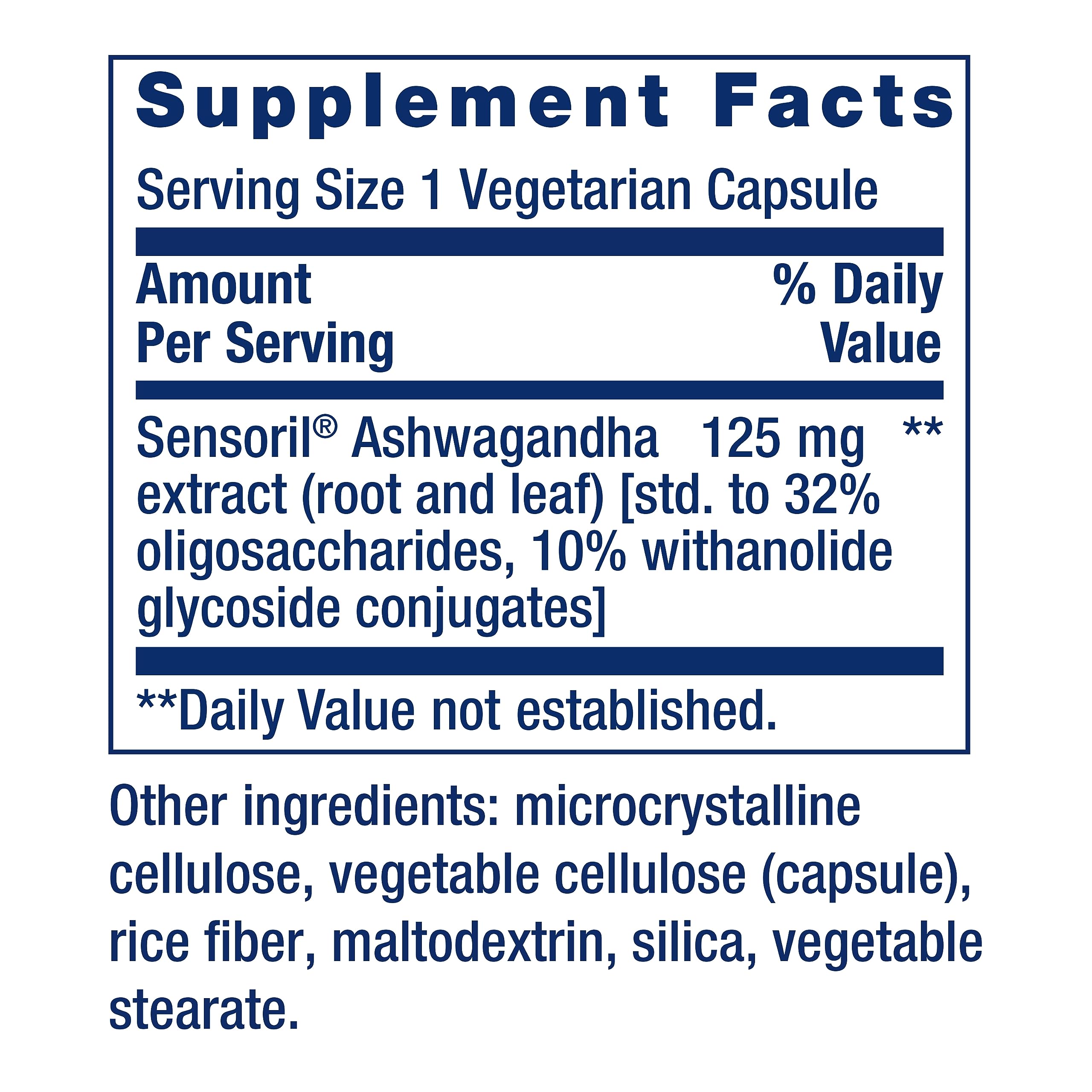 Life Extension Ashwagandha 60 count label showing Sensoril Ashwagandha 125 mg per capsule and ingredients