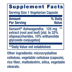 Life Extension Ashwagandha 60 count label showing Sensoril Ashwagandha 125 mg per capsule and ingredients