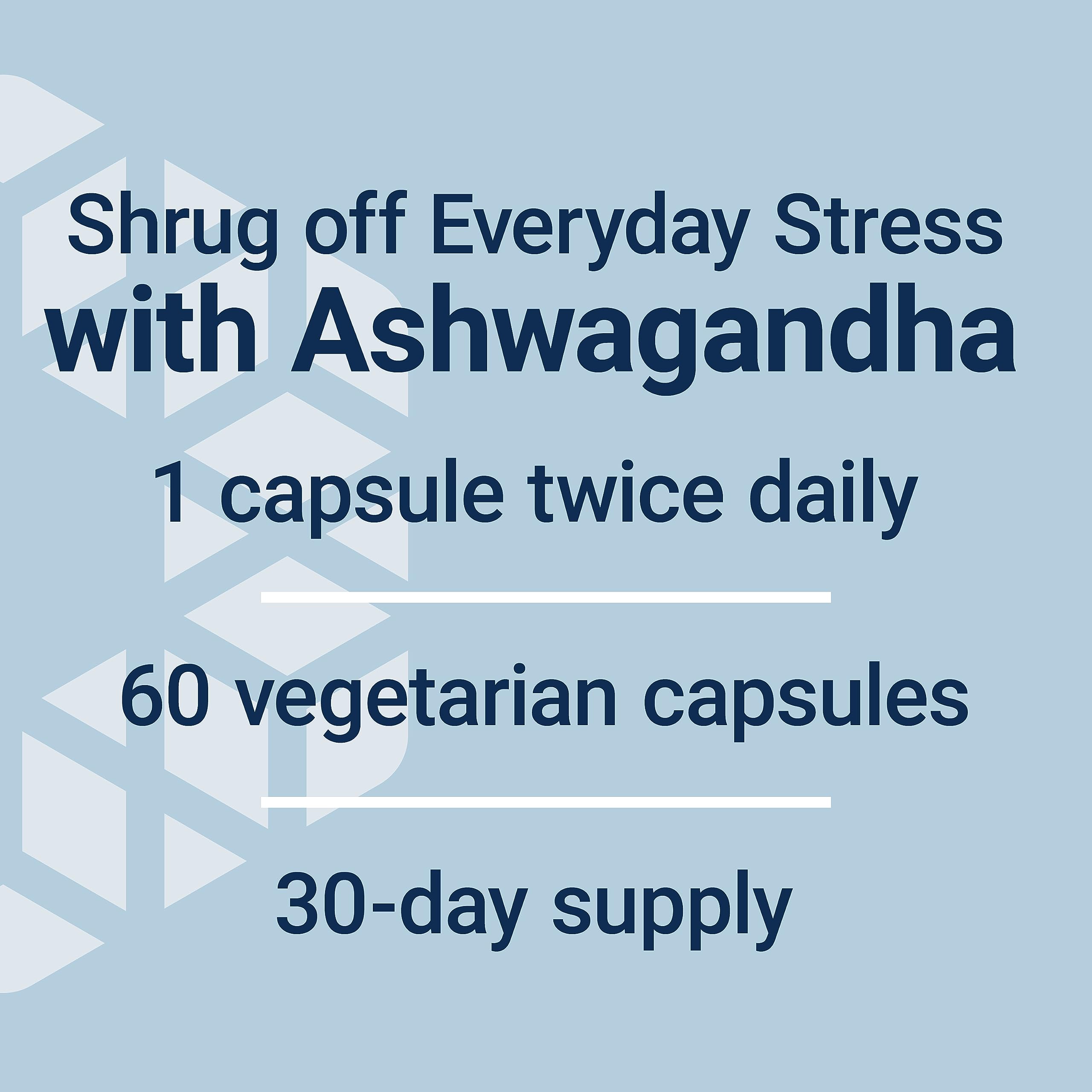 Life Extension Ashwagandha 60 count bottle label showing 60 vegetarian capsules 30 day supply dosage twice daily
