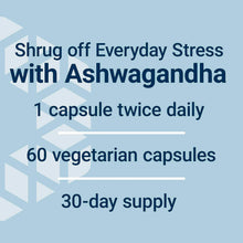 Ashwagandha usage card: 1 capsule twice daily, 60 vegetarian capsules, 30-day supply