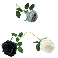 Artificial pale gray rose with green leaves and stem, single decorative bloom