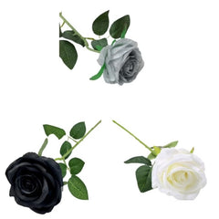 Huitich lifelike artificial roses pack of 3 in black, gray, and white with green leaves
