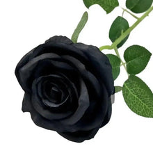 Artificial black rose with green leaves and attached stem