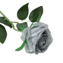 Artificial light gray rose with green leaves and stem, single decorative bloom