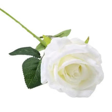 Artificial white rose with pale green center and green leaves on stem