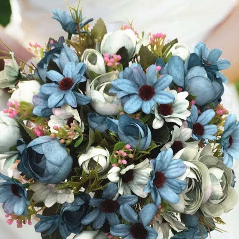 Huitich peony flower light blue artificial flower bouquet with white and pink accents