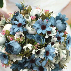 Huitich peony flower light blue artificial flower bouquet with white and pink accents