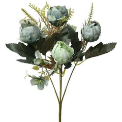Huitich light blue artificial flower bouquet featuring peony flowers with green leaves and stems