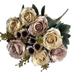 Light coffee faux roses for weddings artificial flower bouquet with green leaves by Huitich